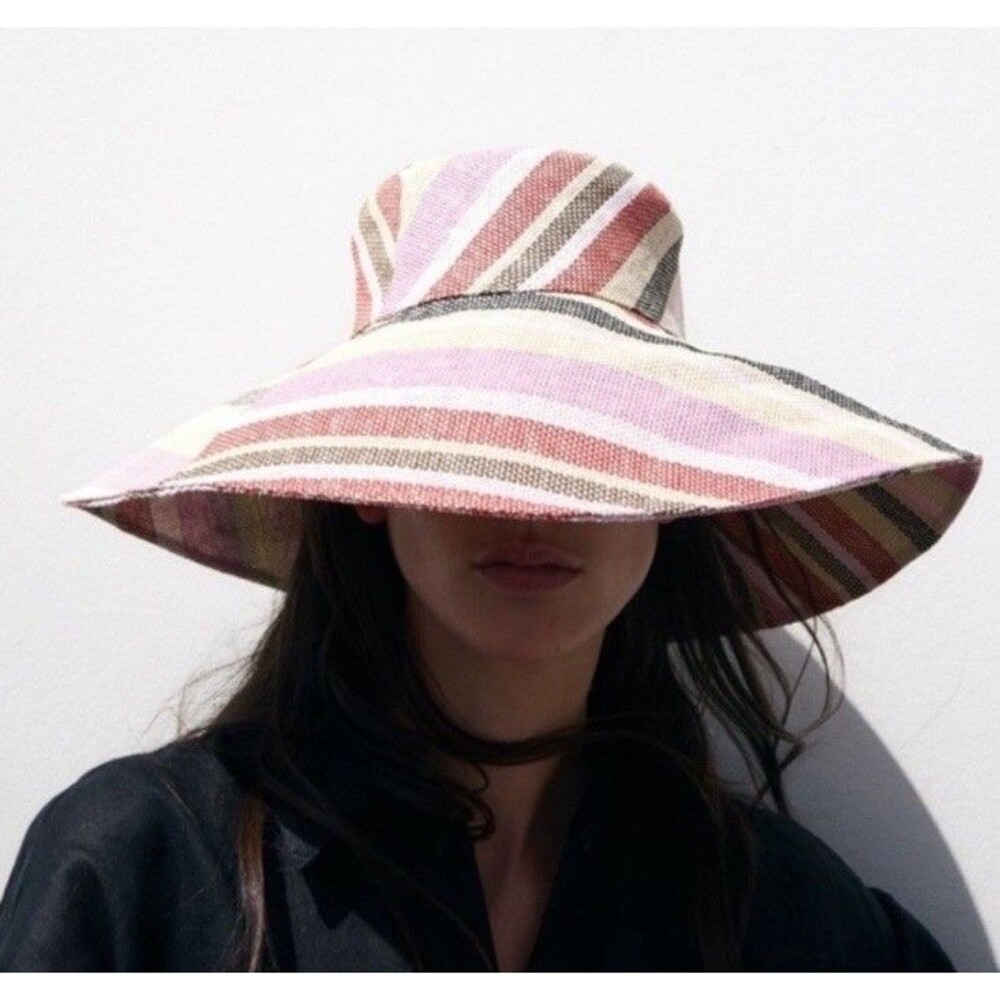 ZARA Striped Wide Brim Sun Hat Light Cream Pink Floppy Women Sz S* Summer Spring